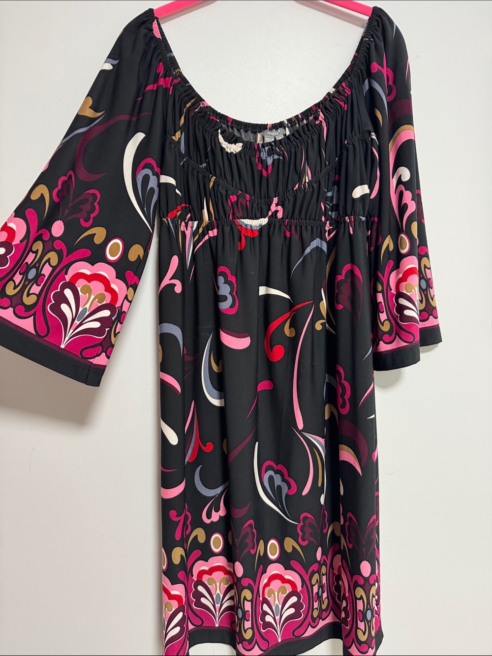 Muse Black Floral-Print Scoop Neck Tunic with Pink & Cream Accents sz 6 retro